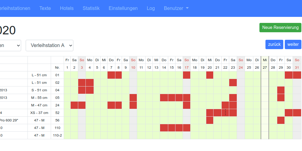 Calendar in the Verleihtool software